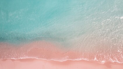 Fototapeta premium Aerial view of a pink beach with gentle sunlight and waves, ideal for background layouts, Earth Day