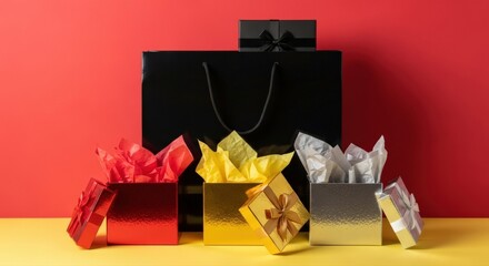 Colorful gift boxes and a sleek black shopping bag stand ready, symbolizing festive celebration and exciting retail joy against a vibrant red and yellow backdrop