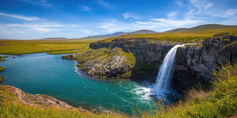 Waterfall flowing over basalt rocks on the Putorana Plateau, emphasizing erosion risk, Earth Day