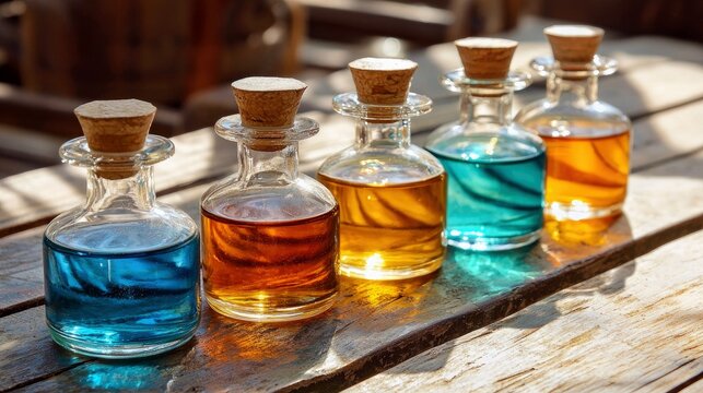 Five small glass bottles containing colorful liquids, sealed with cork stoppers, are arranged in a row on a weathered wooden surface. The liquids are blue, ambe