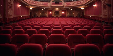 Rows of crimson theater seats arranged for audience viewing, suitable for layout design or seating arrangement planning