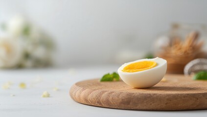 Close-up of a cut hard-boiled egg emphasizing texture and interior detail, suitable as a food presentation backdrop