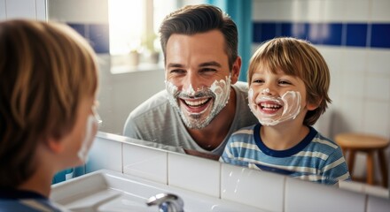 Father and son bonding in the bathroom, playfully applying white shaving cream to their smiling faces, creating joyful morning memories reflected in the mirror