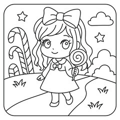 Cute Girl with Lollipop in Candy Land – Coloring Page