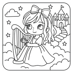 Cute Girl Playing Harp in a Fantasy Castle Scene – Coloring Page