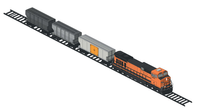 Isometric freight train on tracks with cargo cars in side view