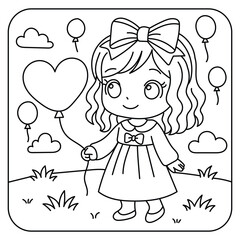Cute Girl Holding a Heart Balloon – Coloring Page