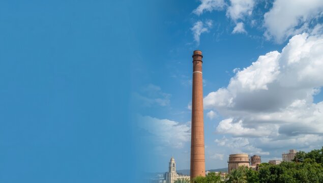 Chimney at a jute factory in Dos Hermanas with industrial architecture, emphasizing pollution risk, Seville, Earth Day