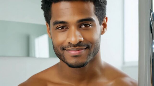 30 year old African American man in bathroom looking at camera and smiling. Body and skin care concept. Man confidently smiles, emphasizing the benefits of consistent skin and body care.