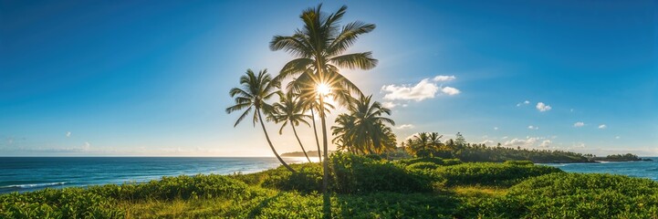 Obraz premium Outdoor landscape featuring palm trees with lush foliage, suitable as a background for text or layout, Earth Day
