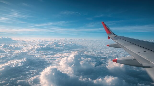 An airplane wing flying above fluffy white clouds viewed from inside the aircraft cabin with a blue sky and red wing tips