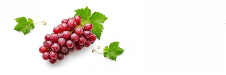 Fototapeta premium Green foliage and a cluster of red grapes on a white background, useful for food labeling or nutritional information