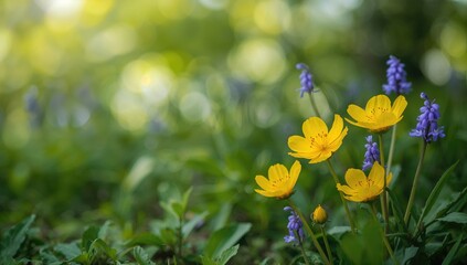 Yellow buttercup and bluebell flowers set against lush green foliage, ideal for floral background design