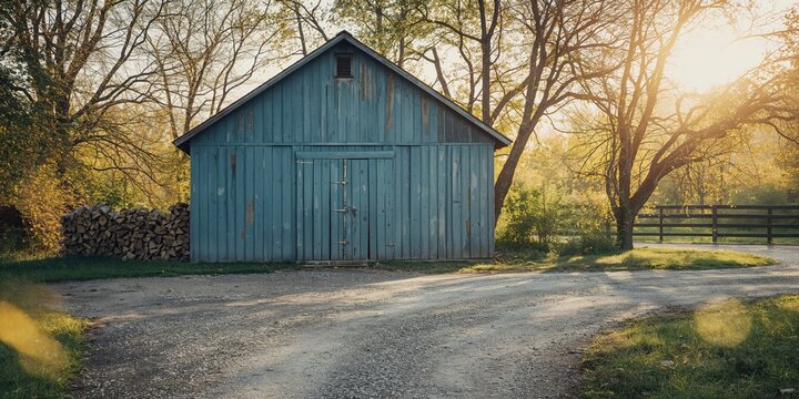 Farm barn with gravel driveway and chopped firewood logs, emphasizing rural storage and maintenance practices
