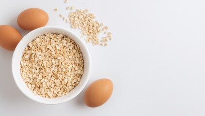 Oat flakes in a bowl with milk and chicken eggs, nutritious breakfast option, World Health Day