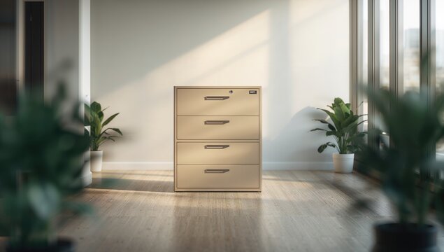 Cabinets and filing systems arranged for efficient office storage, emphasizing organization and workspace management