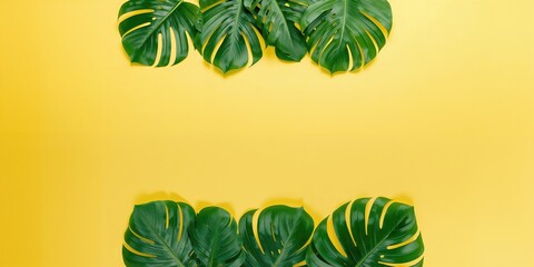 Tropical Monstera leaves against a yellow background used for text layout, background design