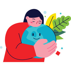 Caring Person Embracing Planet Earth With Eyes Closed Surrounded By Leaves And Bubbles Representing Environmental Protection And Conservation In A Flat Design Style