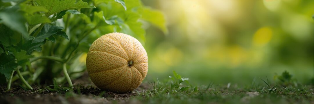 Ripe and netted rind on ground beside its plant ready for harvest, highlighting agricultural harvesting practices