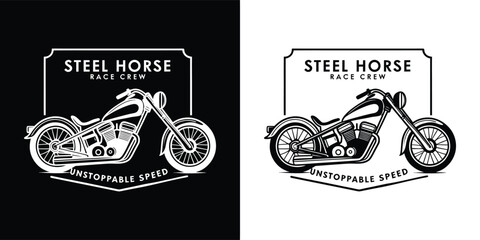 Retro emblem featuring a detailed motorcycle, text steel horse and uncompromising speed, in black and white