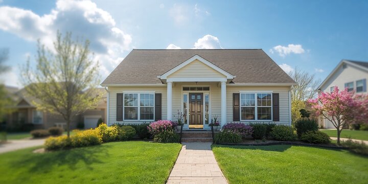 Middle class suburban American home in summer with blue accents, emphasizing architectural details, house, spring, building, window, door