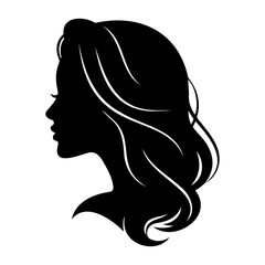 Silhouette of a woman's head with long wavy hair in black and white art