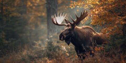 Moose in the forest during autumn, wildlife scene emphasizing natural habitat, wildlife awareness day