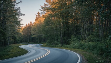 Fototapeta premium Forest scene at sunset with a winding road and curve marker, emphasizing seasonal change and erosion risk