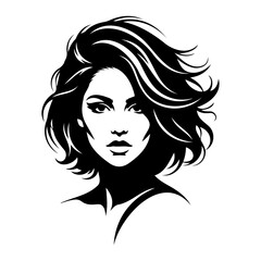 Graphic illustration of a woman with short wavy hair in black and white
