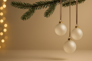 Elegant minimalist Christmas ornaments hanging from a pine branch, creating a serene holiday atmosphere with soft bokeh lights in the background