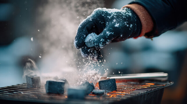 Close-up of gloved hand adding charcoal to outdoor grill with smoke and winter snowflakes - Powered by Adobe