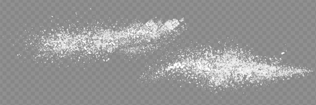 Sugar or salt powder piles set isolated on transparent background. Vector realistic illustration of white dry substance scattered on surface, ground food seasoning,