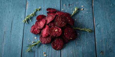 Beet chips seasoned with rosemary on a blue wooden surface, serving as a colorful snack option for fall dietary choices, autumn