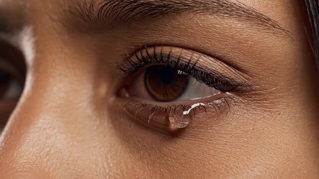 Extreme close up of a female eye with a tear on the lower lid for deep emotional pain concept and human vulnerability in soft focus