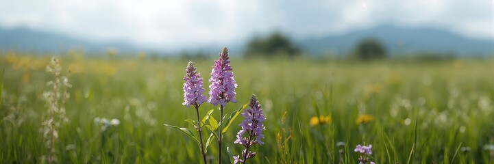 Obraz premium Three lilac flowers on a branch, suitable as a calming background for text or design projects, World Environment Day