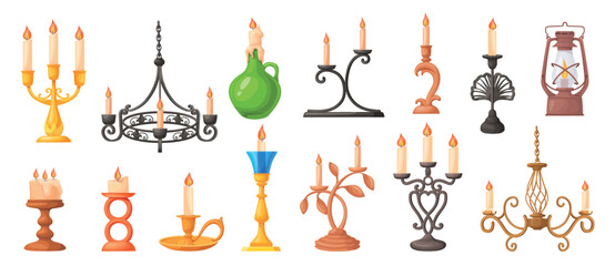 Cartoon candlesticks. Vintage candelabrum, golden brass candlestick chandelier antique lamp stand candle holder retro lantern candelabra victorian interior neat vector illustration