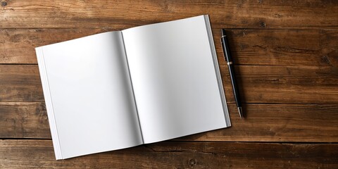 Blank magazine spread on a wooden table serving as a neutral background for layout and design work
