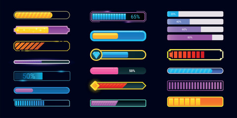 Game loading bars. Loader mobile application interface, upload progress bar video download neon indicator level gauge cartoon app ui coming soon status, kicky vector illustration
