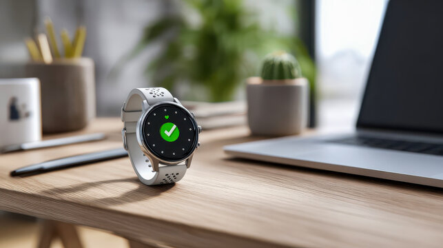 Smartwatch displaying health checkmark on wooden desk with laptop