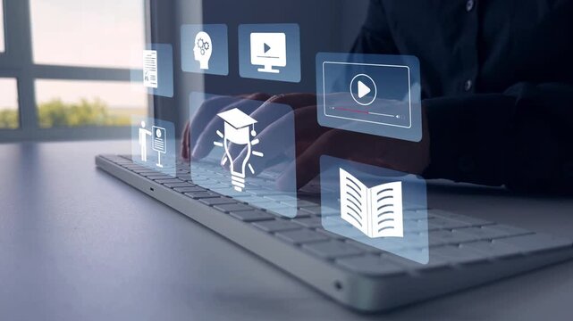 E-learning education.Person using computer with digital E-learning icons.E-learning and online education technology concept.Digital internet lessons and online webinar on virtual screen.