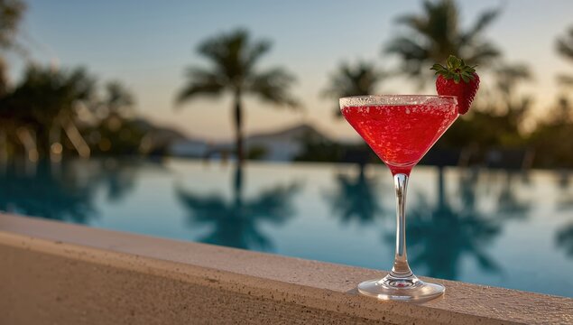 Red cocktail with salt rim on ledge by poolside, emphasizing leisure and warm evening lighting, seasonal change