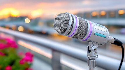 Close up of a boom microphone on a balcony with sunset in the background