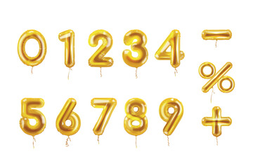 Golden balloon numbers. Realistic balloons numbers, gold foil digit plus percent birthday year party or discount sale business alphabet anniversary text, exact vector illustration