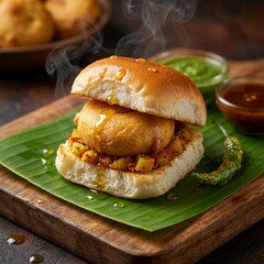 Freshly served Vada Pav with green chutney and tamarind dipping sauces styled on banana leaf for a flavorful Indian food experience