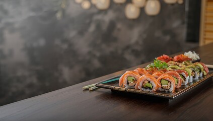 Asian traditional sushi with crunchy crab roll, focused on texture and flavor profile