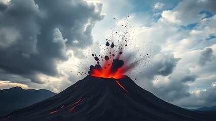 eruption. Volcano erupting, molten rock against a dramatic sky filled with ash clouds. ESG reports, sustainability campaigns, designed for sustainability communications and ESG reporting.