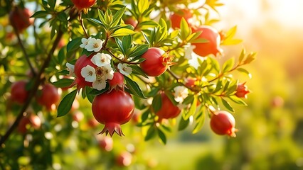 return. Pomegranate tree blooming in spring sunlight, symbolic of seasonal return. gardening catalogs, home-decor guides, designed for home decor and floral branding, used by web designers.