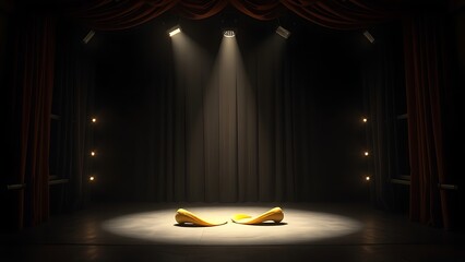 vaudeville. Empty stage with a single spotlight illuminating a prop on the floor. event programs, museum guides, designed for cultural heritage projects and event programs, supports education.