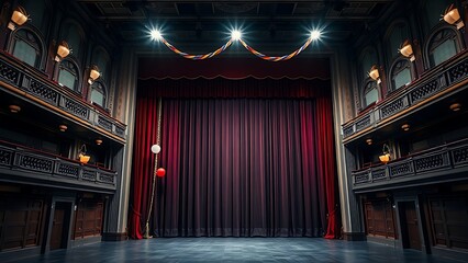 audience. Empty historic theater stage with grand curtain partially open. event programs, museum guides, designed for cultural heritage projects and event programs, preserves heritage.