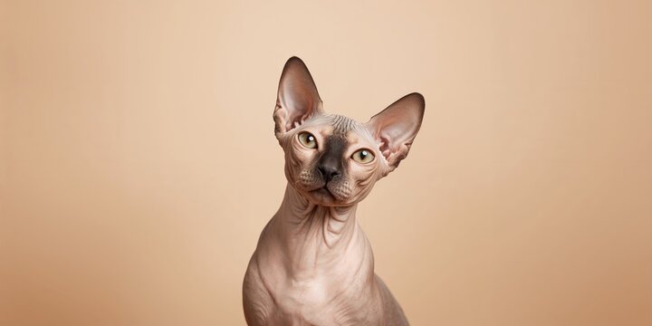 Funny sphynx cat tilting sideways on a beige brown backdrop, emphasizing playful posture and feline expression